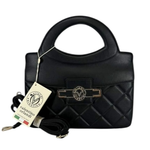 NEW! VALENTINO ORLANDI Quilted Vegan Crossbody Top Handle Bag Black Purse Iconic - Picture 1 of 6